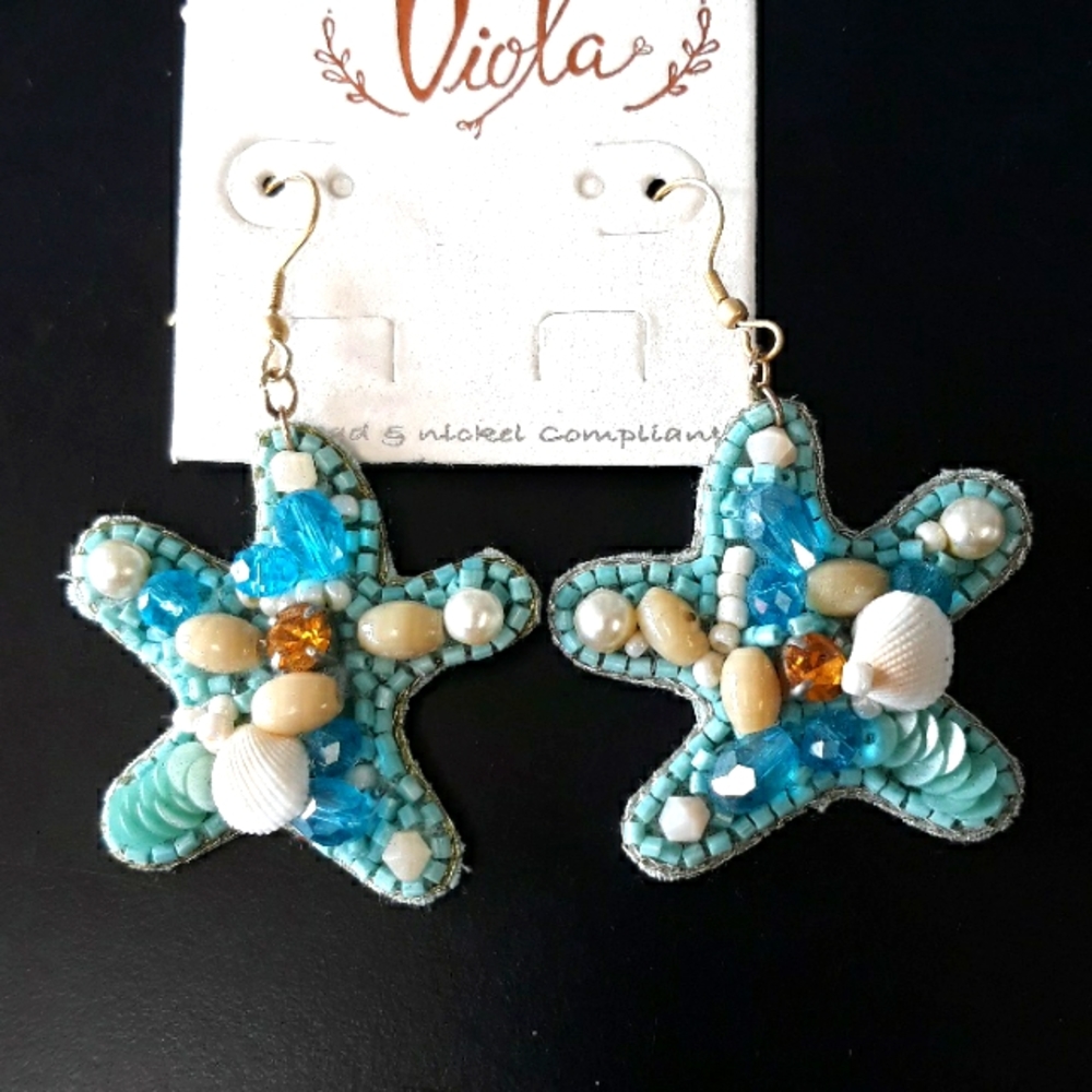 Turquoise Starfish Earrings with Pearls & Shell Accents